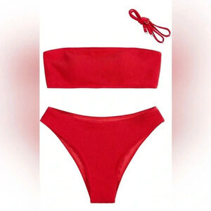 ZAFUL Women Strapless Bikini Lace Up Ribbed High Cut Bandeau 2 Piece Swimsuit